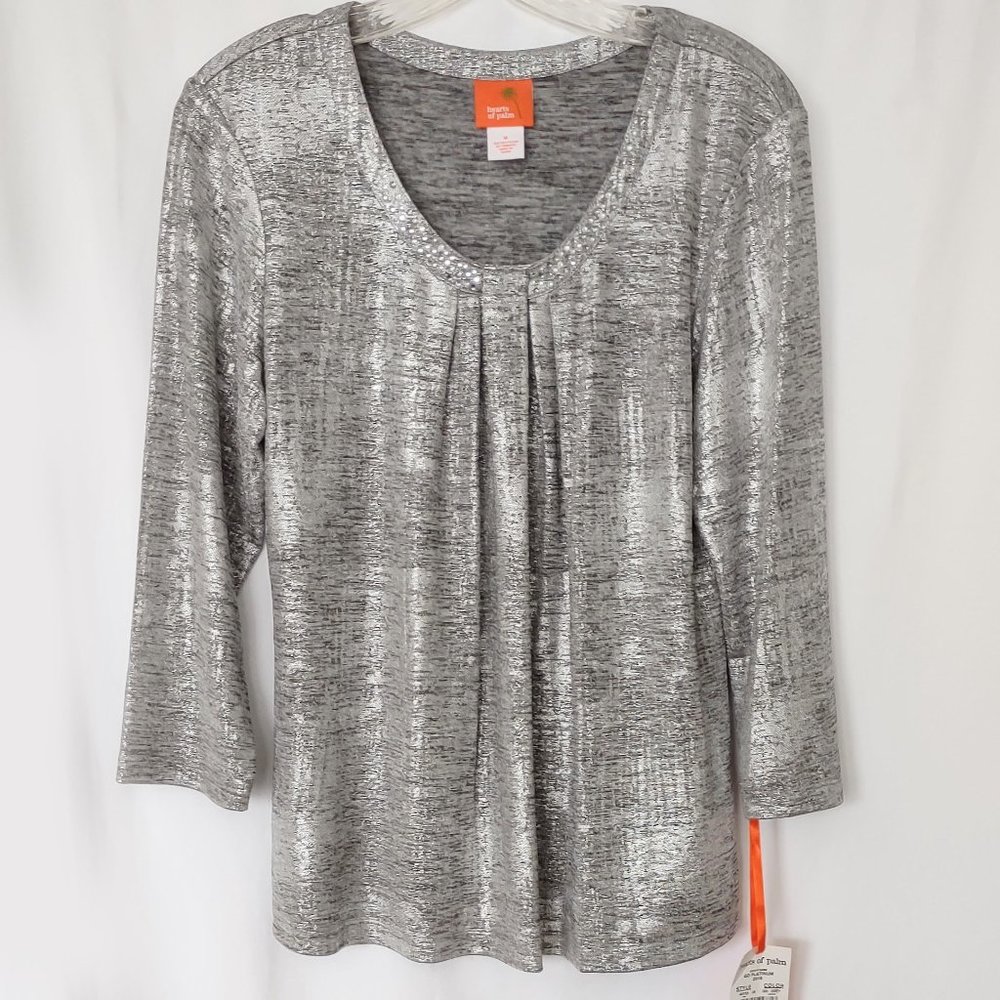 Hearts of Palm Silver Metallic Tunic Top M Medium Embellished Neckline NWT
